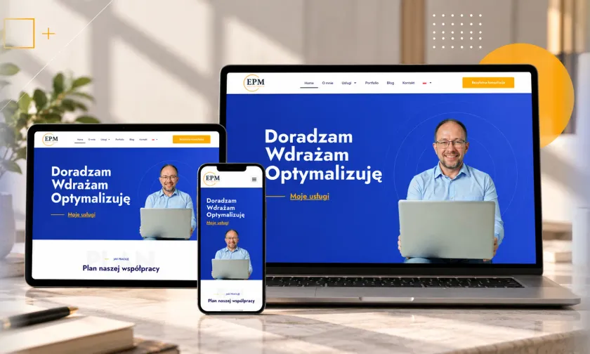 Strona EP Management na laptopie, tablecie i telefonie - realizacja Marcetino
