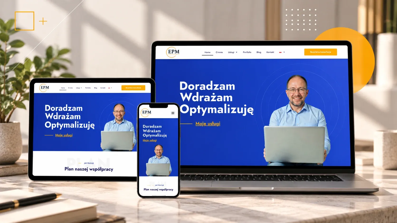 Strona konsultanta EP Management na laptopie, tablecie i telefonie