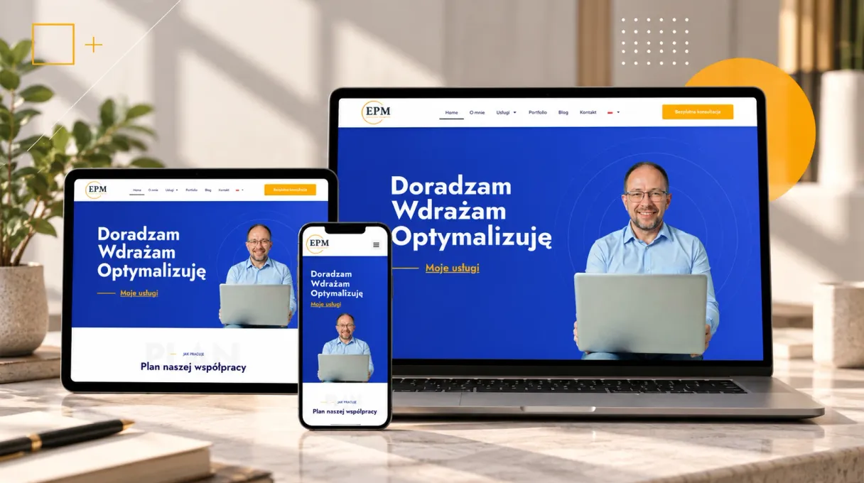 Strona konsultanta EP Management na laptopie, tablecie i telefonie