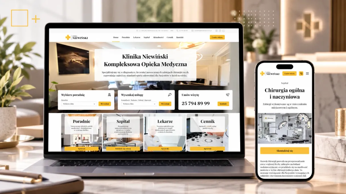 Strona Kliniki Niewiński z wyszukiwarką poradni i lekarzy na laptopie i telefonie