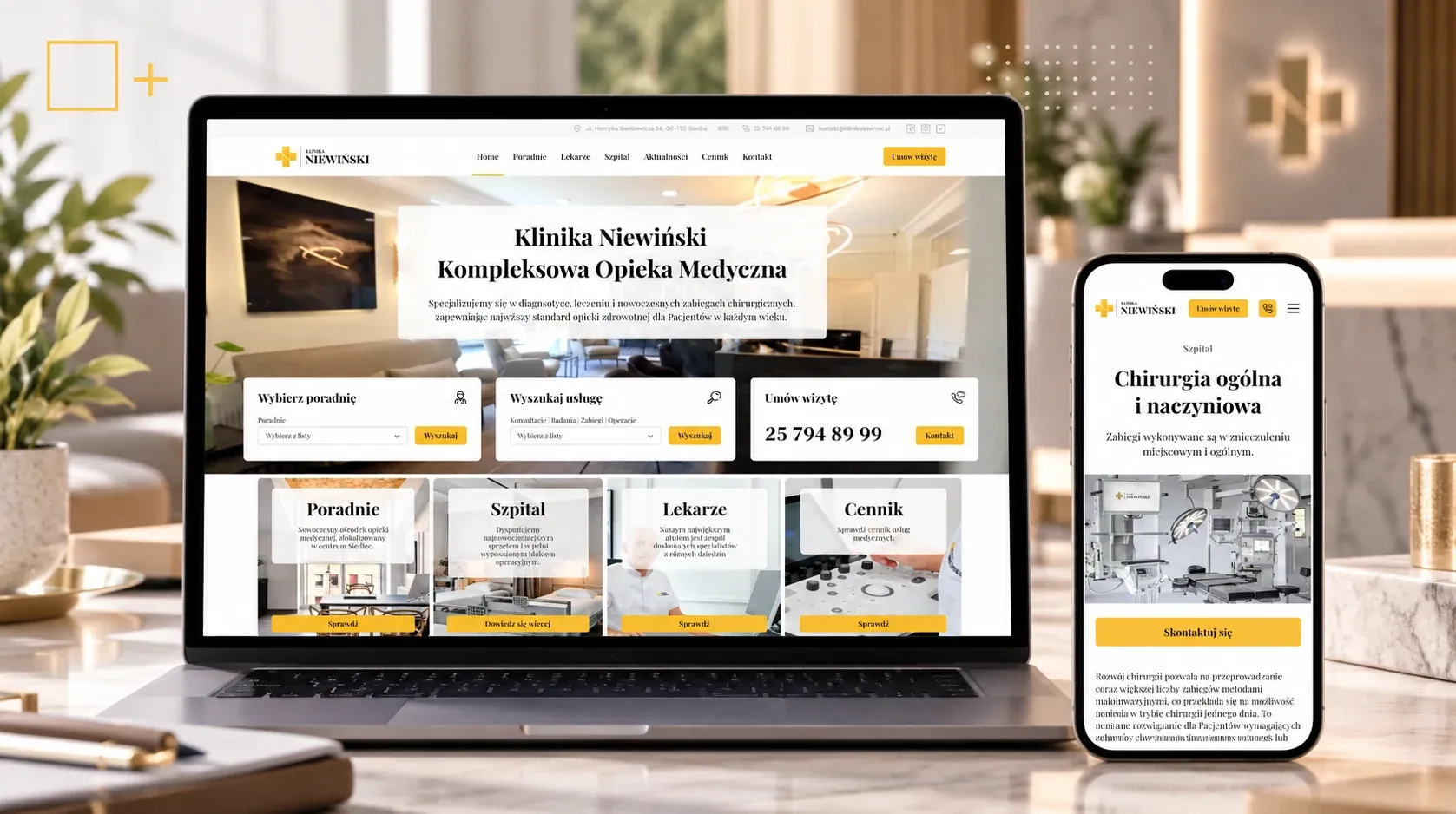 Strona Kliniki Niewiński z wyszukiwarką poradni i lekarzy na laptopie i telefonie