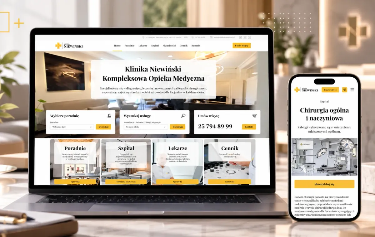 Strona Kliniki Niewiński z wyszukiwarką poradni i lekarzy na laptopie i telefonie
