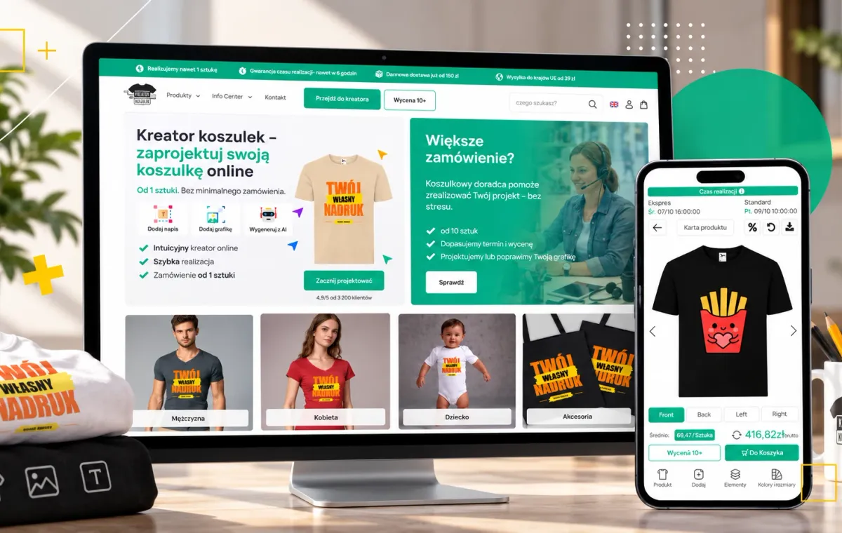 Sklep Kreator Koszulek z projektantem nadruków na monitorze i telefonie