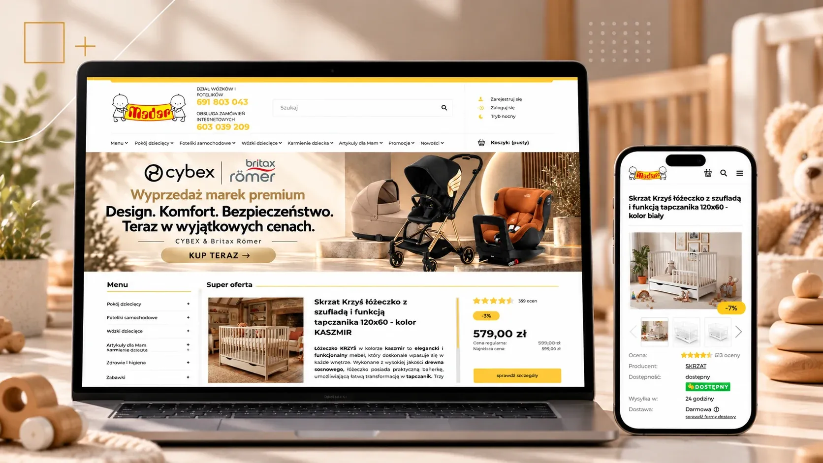 Strona sklepu Madar Baby z wózkami i meblami dziecięcymi na laptopie i telefonie