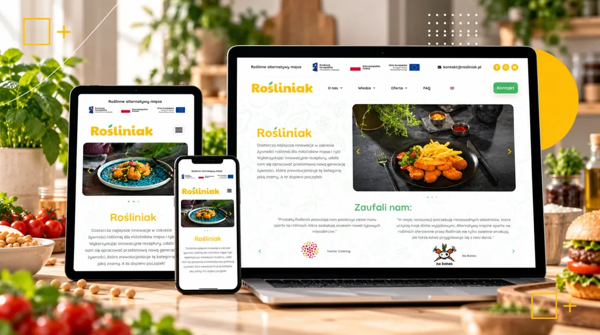 Strona producenta żywności roślinnej Rośliniak na laptopie, tablecie i telefonie